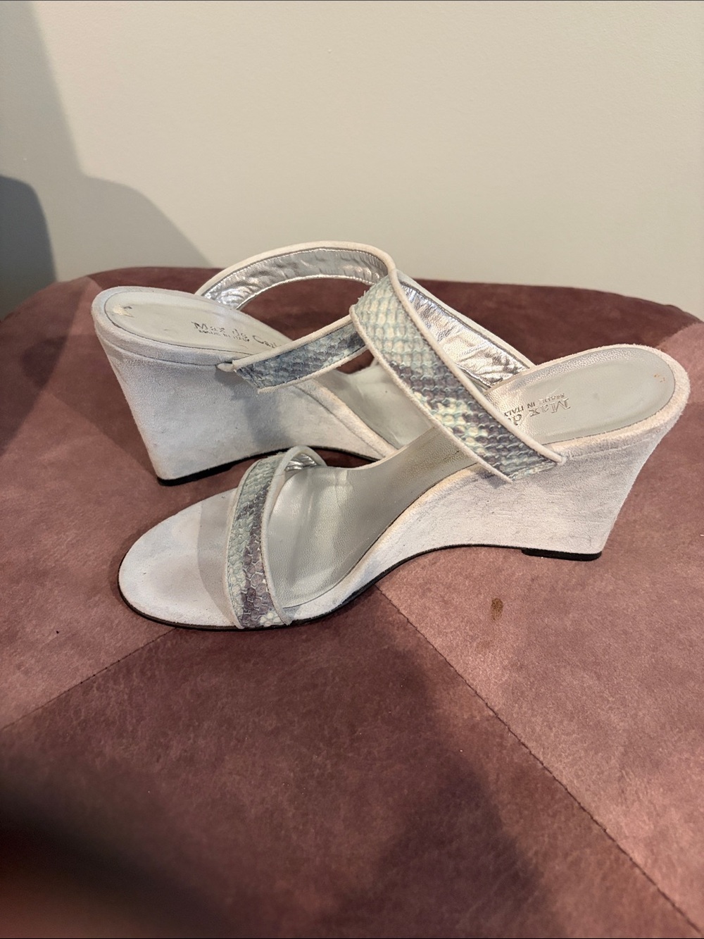 Max de Carlo Iridescent White Snake-Trim Wedge Sandals